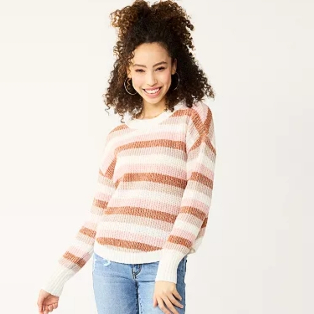 SO, Women's Striped Knit Sweater, Beige‎ Stripe, Size Large